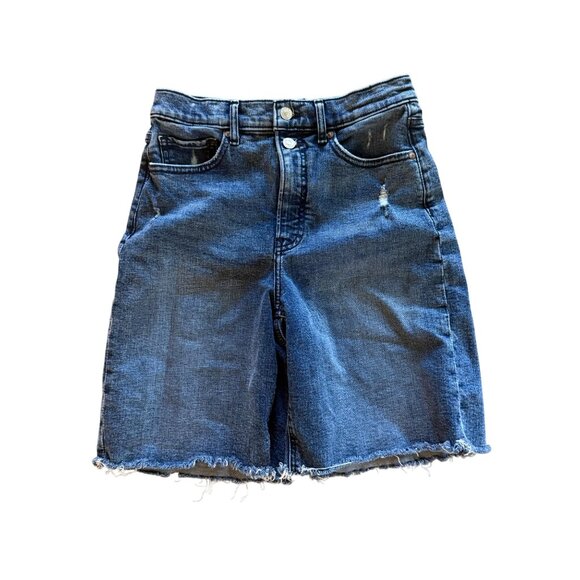 90S Bermuda Super High-Waist Denim Shorts By Express Size 4 Frayed Hem - Picture 1 of 7